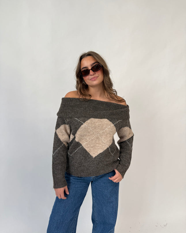 Shea Off Shoulder Argyle Sweater