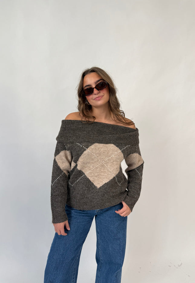 Shea Off Shoulder Argyle Sweater