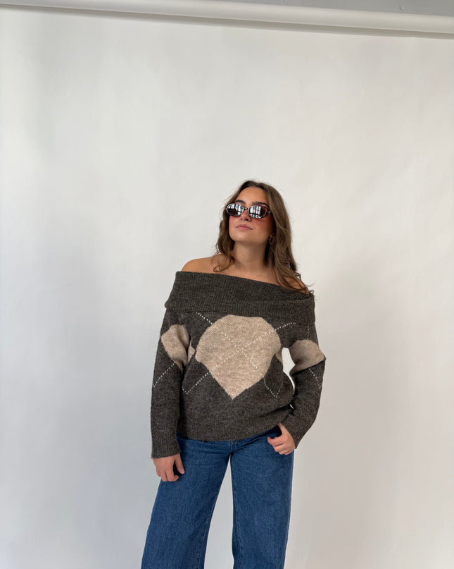 Shea Off Shoulder Argyle Sweater