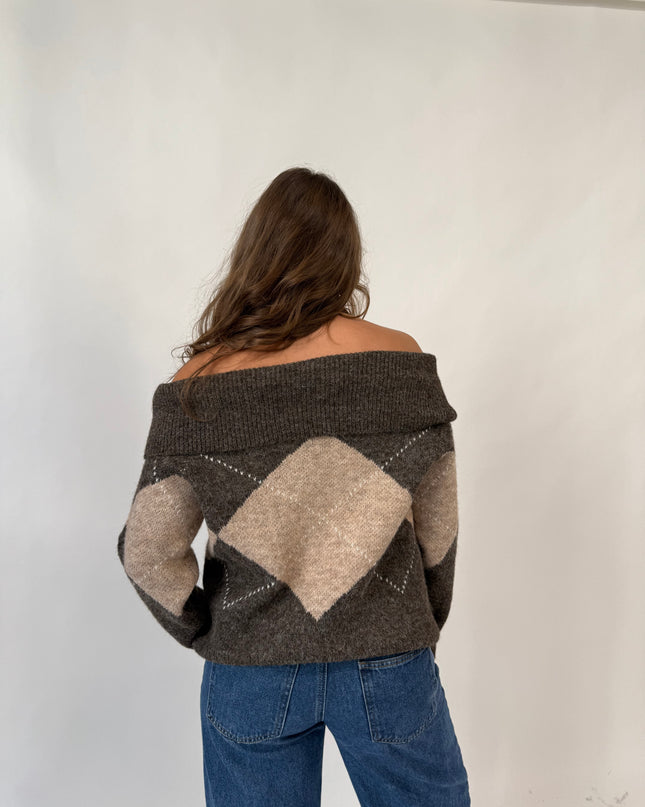 Shea Off Shoulder Argyle Sweater